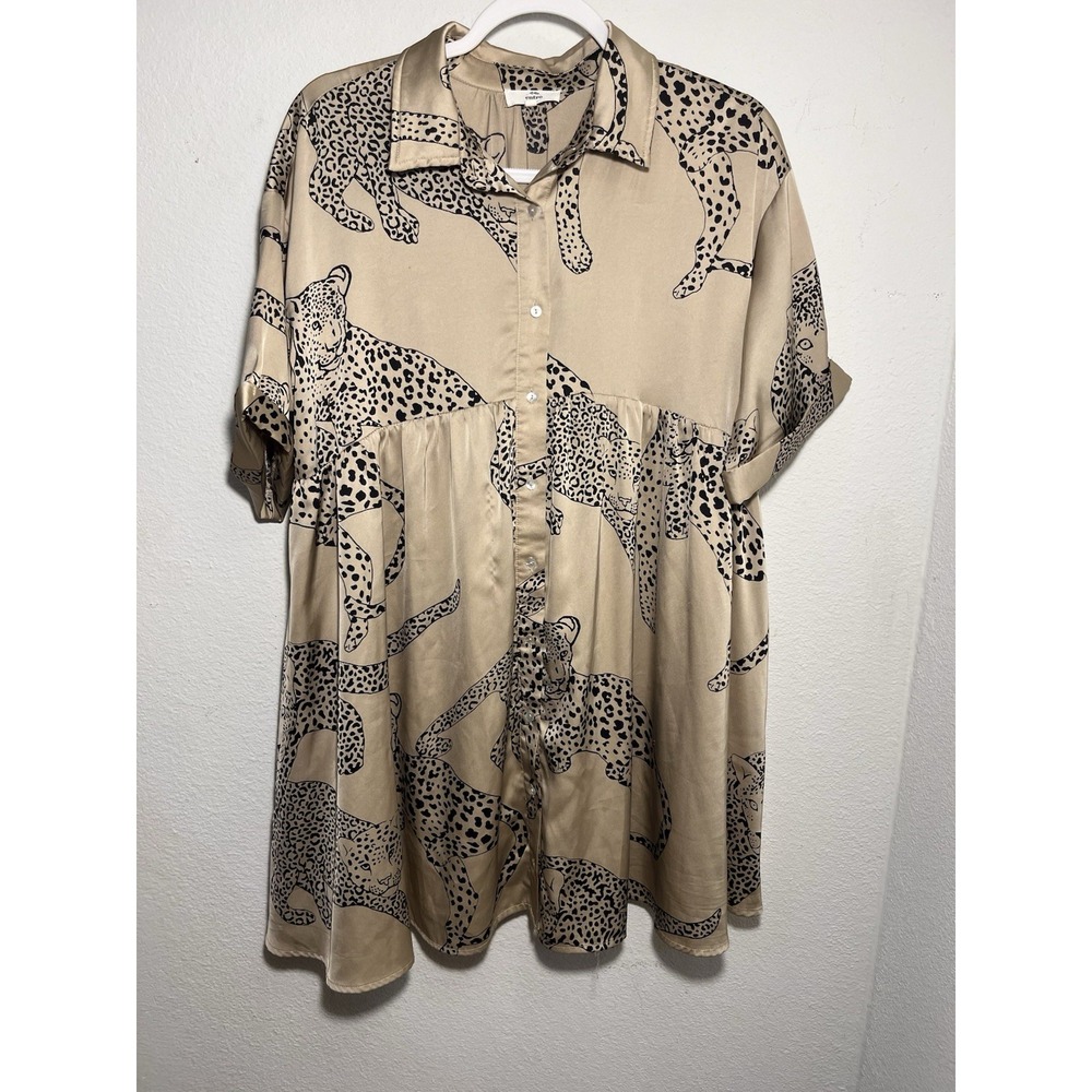 Entro Beige Leopard Dress Womens S Collar Tunic Short Sleeves Babydoll FLAWS*